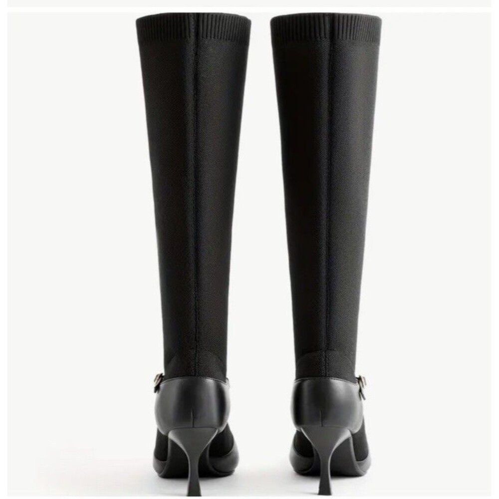 Kitten Heel Knee High Boots for Women Stretchy Knit Sock Booties Knee Sz 6 Black - Picture 4 of 16